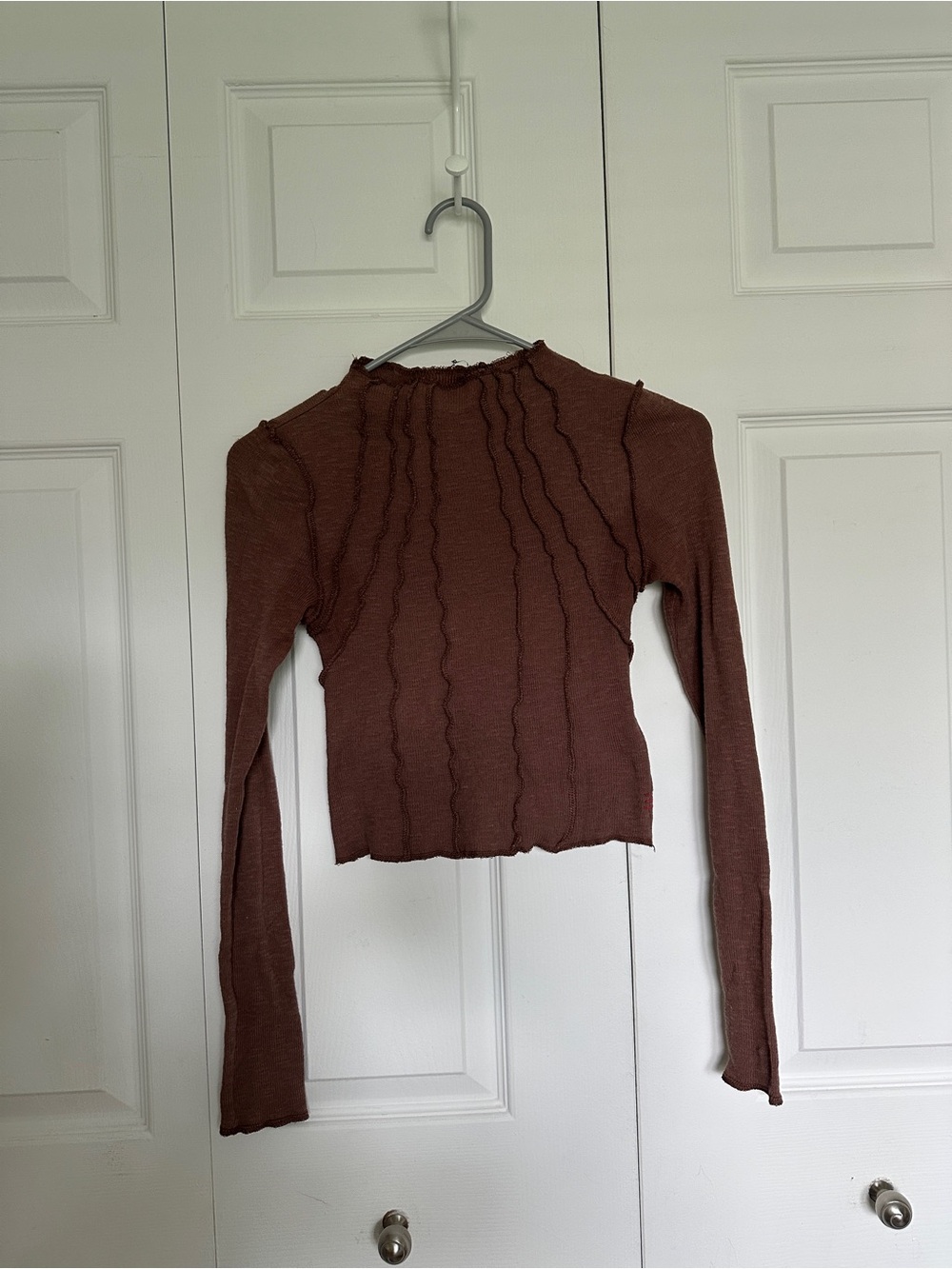 BDG Ribbed Ruffle-Trim Long Sleeve Top - Brown